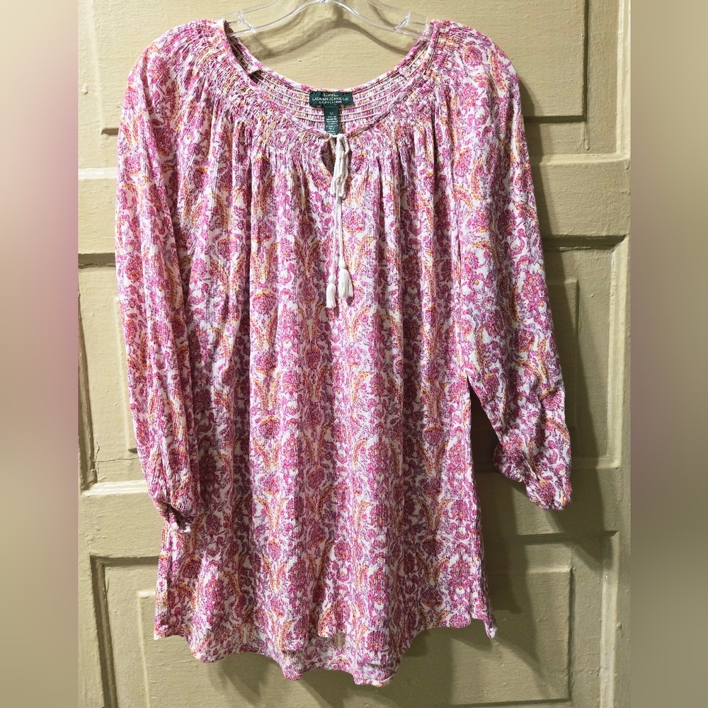 Lauren Ralph Lauren Boho Floral Pink Tie Neck Blouse EUC Size: M